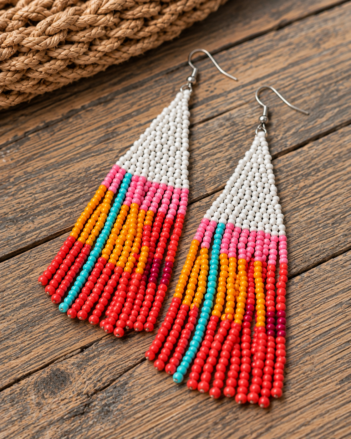 A pair of handmade beaded dangle earrings with a white top section and colorful fringe in pink, orange, yellow, turquoise, and red, displayed on a rustic wooden surface.
