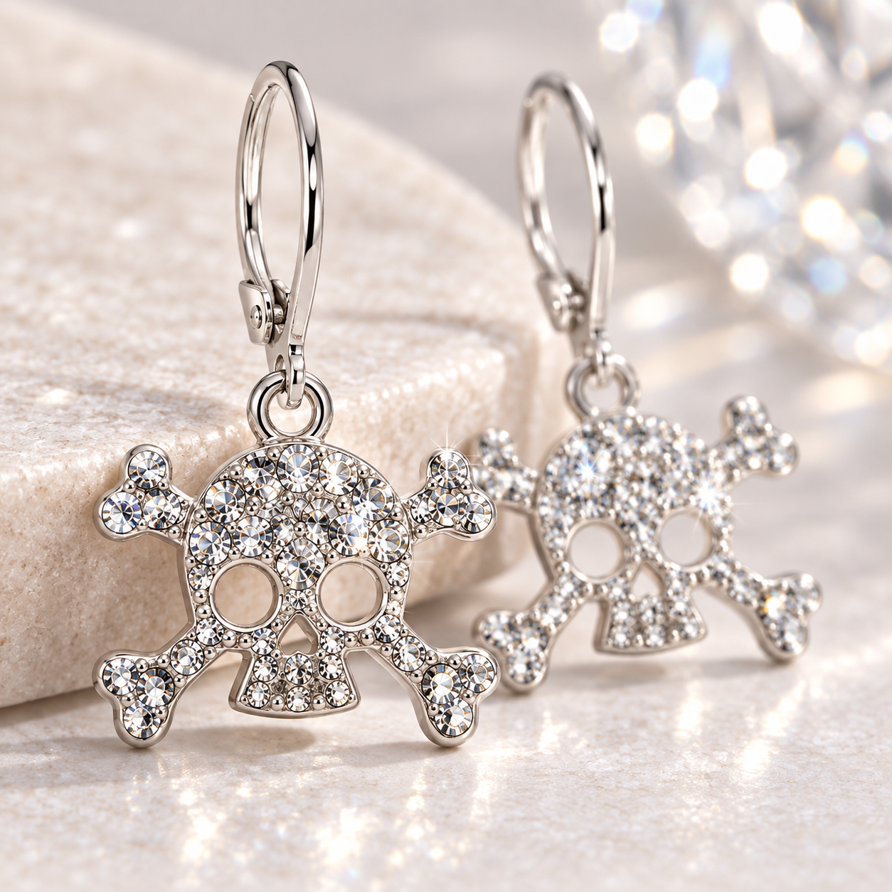 A pair of silver-toned skull and crossbones drop earrings covered in clear rhinestones, displayed on a textured light beige surface with sparkling reflective highlights.