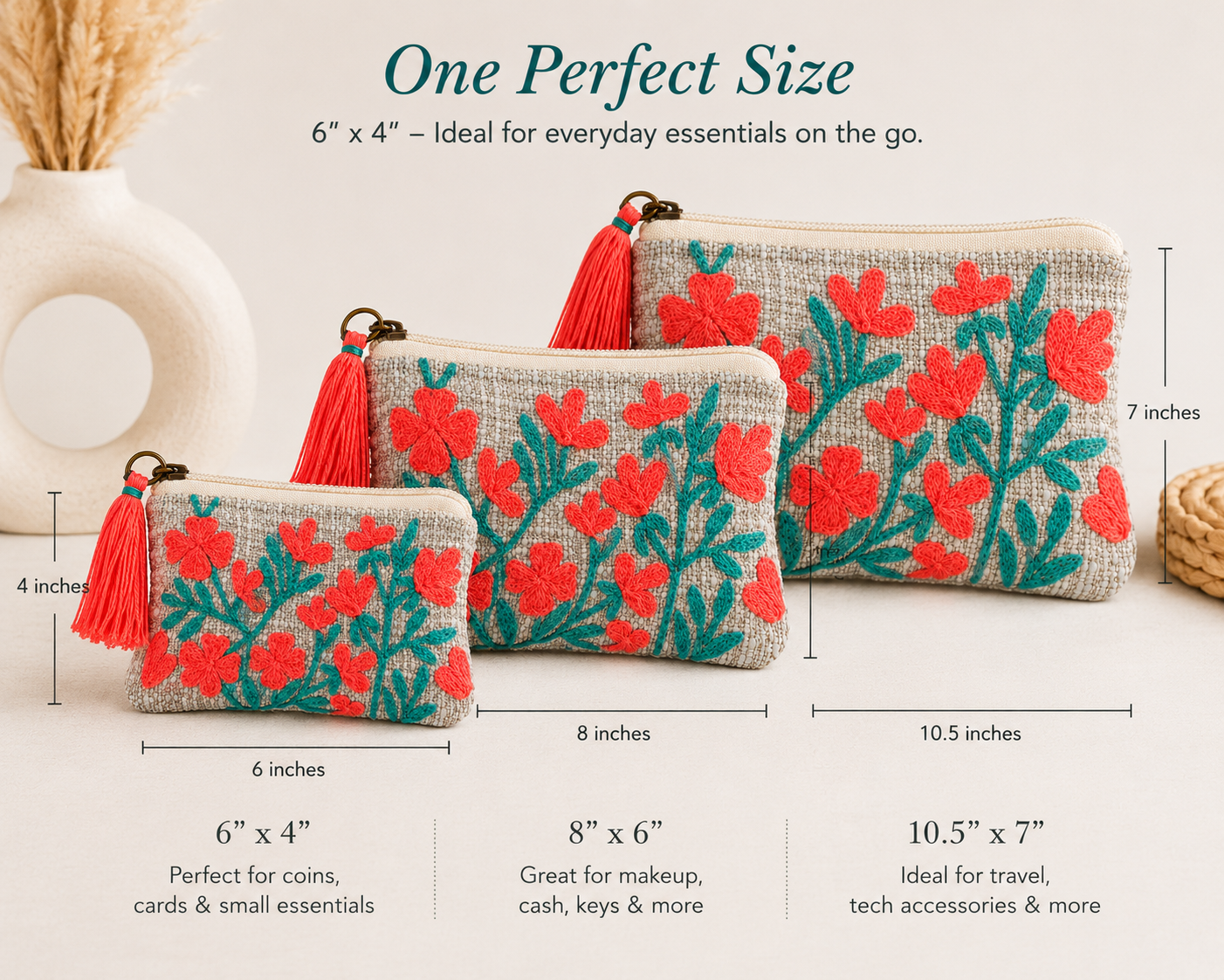 Coral Bloom Embroidered Coin Pouch – Boho Floral Zip Clutch with Tassel
