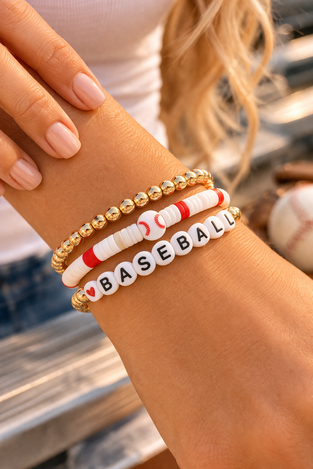 Baseball Love Stack Bracelet Set  Gold Beaded Stretch Bracelets with Letter Charm