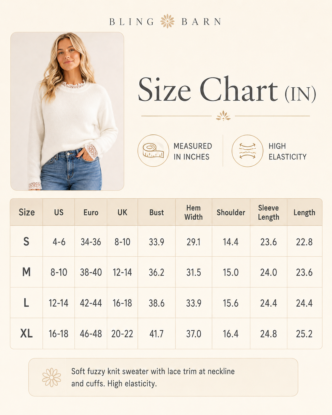 Blinging Barn size chart graphic showing a model wearing a soft fuzzy knit sweater, alongside a detailed sizing table with measurements in inches for sizes S through XL.