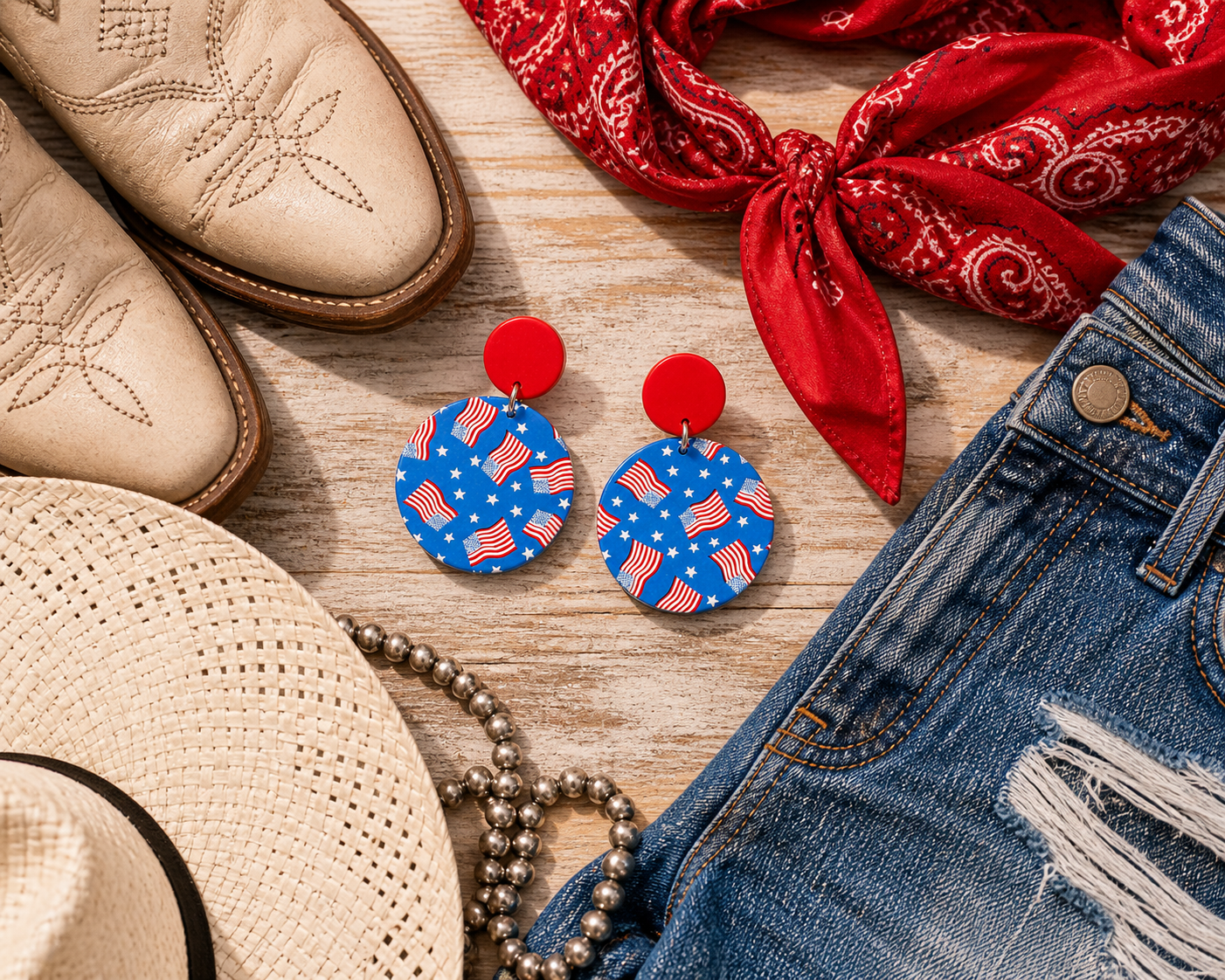 Firecracker Babe Red White Blue Statement Earrings – Patriotic Western Cowgirl Dangle Earrings, 4th of July Outfit Jewelry