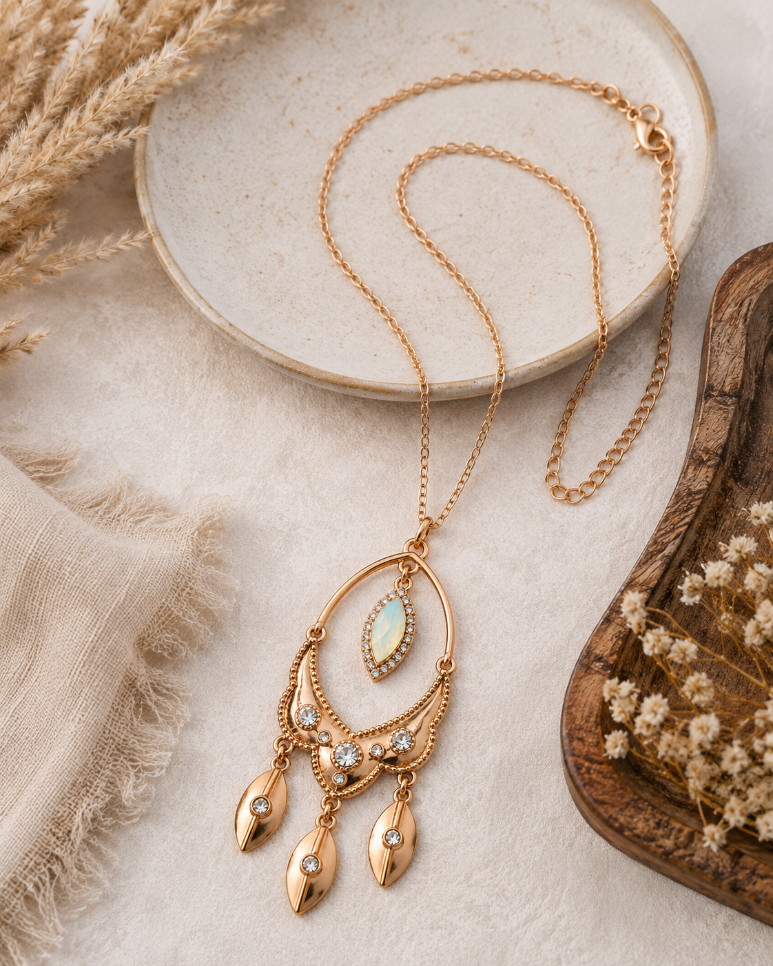Flat lay of Desert Glow rose-gold pendant necklace with opalescent stone, ceramic dish, linen and dried florals