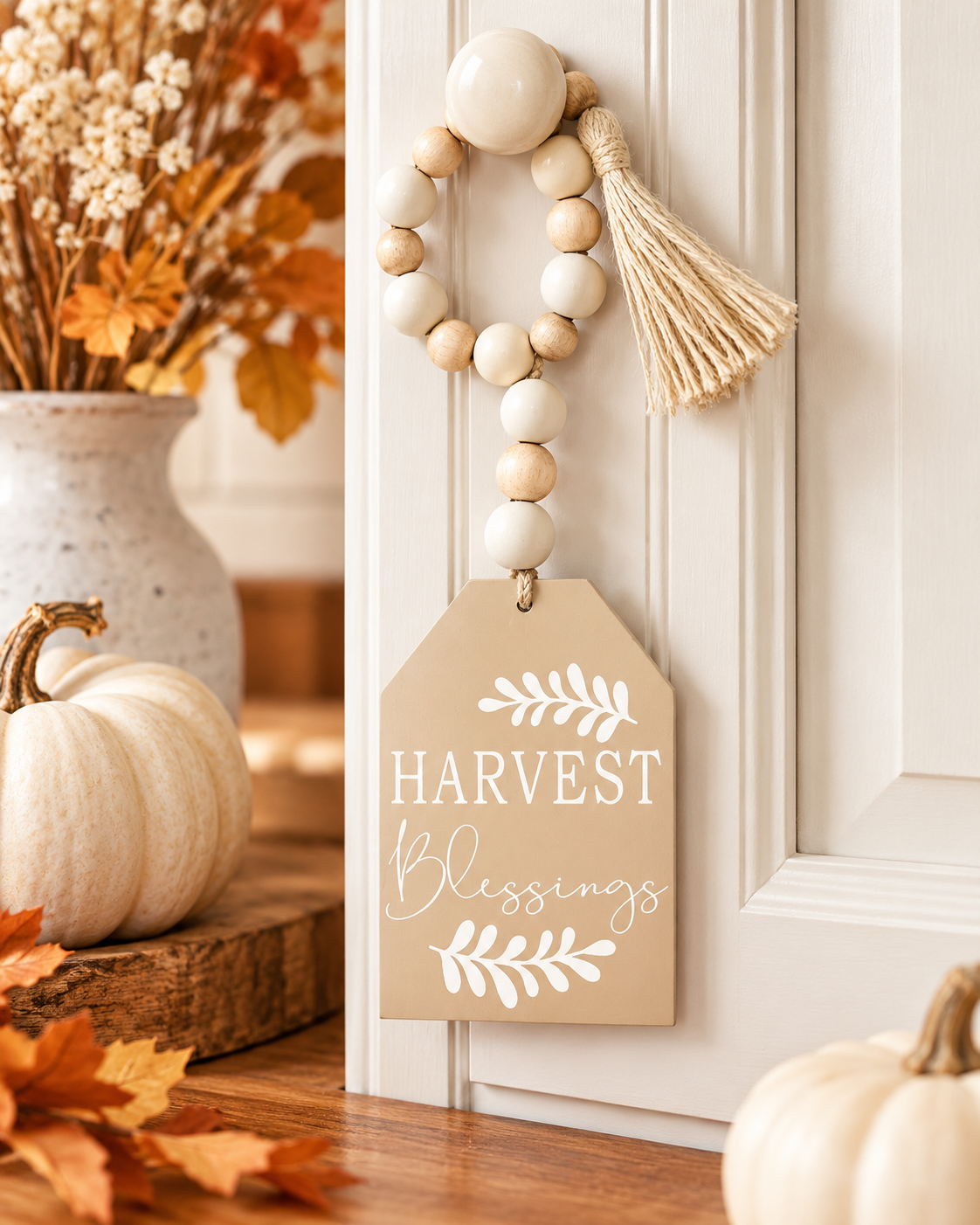 Harvest Blessings Beaded Fall Door Hanger – Neutral Thanksgiving Decor