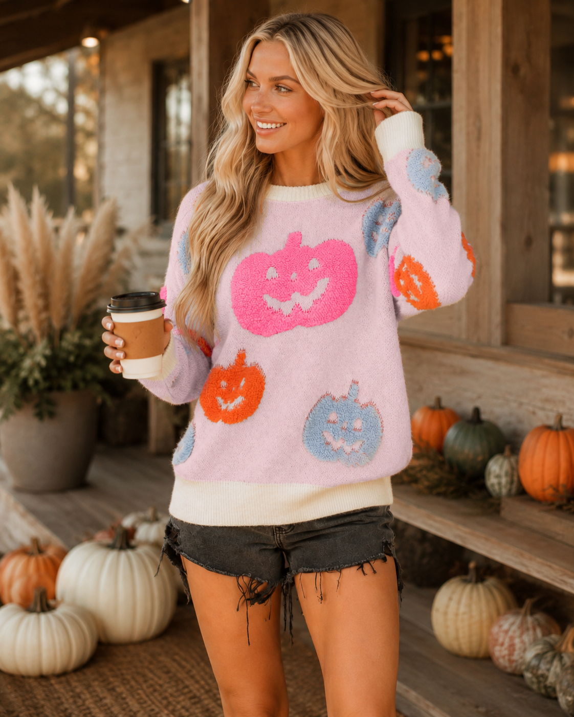Close-up of the Pumpkin Pop Halloween Knit Sweater showing the textured pink, orange and blue jack-o'-lantern details.