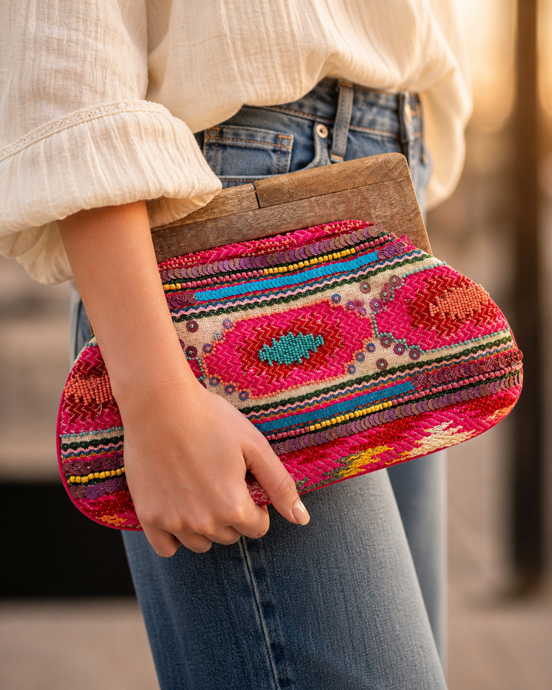 Hot Pink Boho Beaded Statement Clutch – Large Western Ethnic Embroidered Handbag (13” x 9”)