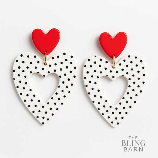 Dotty Sweetheart Drops – Red & White Polka Heart Statement Earrings