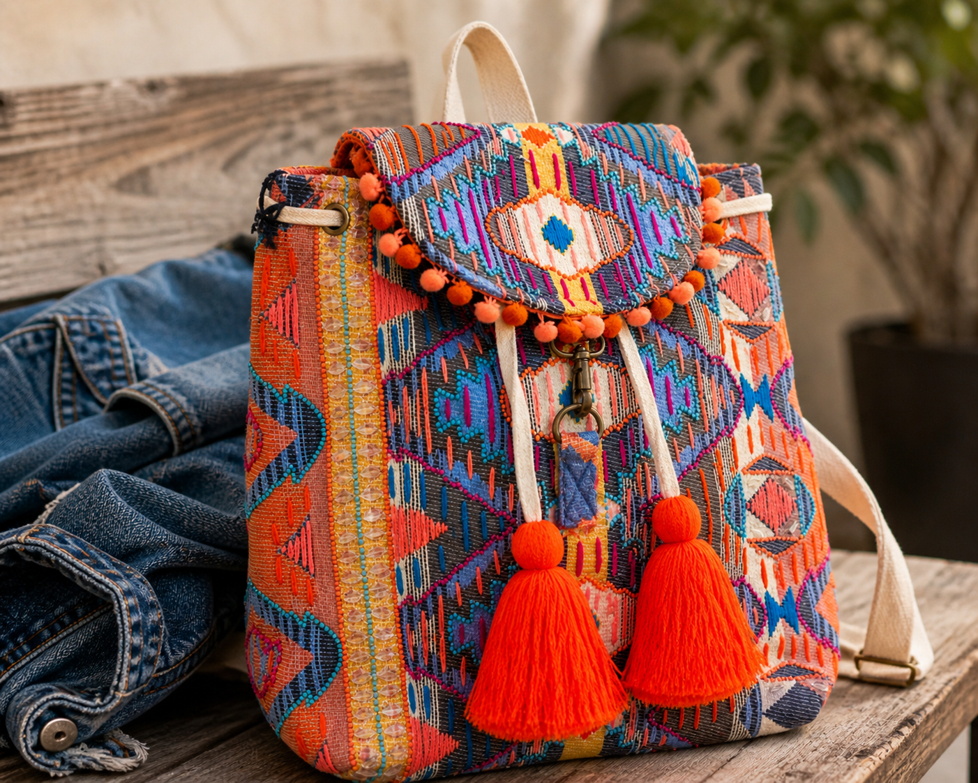 Desert Bloom Western Boho Backpack – Colorful Woven Tassel Bag for Women