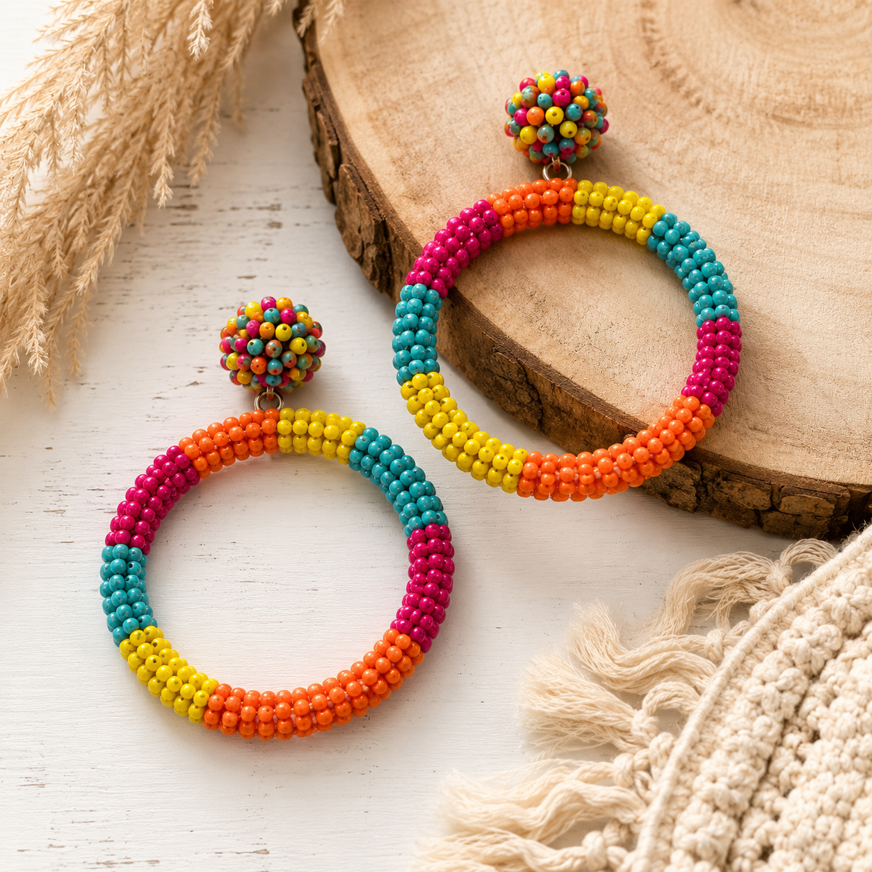 Fiesta Bloom Beaded Hoop Earrings