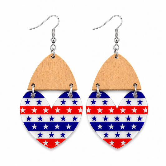 American Honey Heart Earrings – Red White Blue Patriotic Dangle Earrings, Western Cowgirl Statement Jewelry