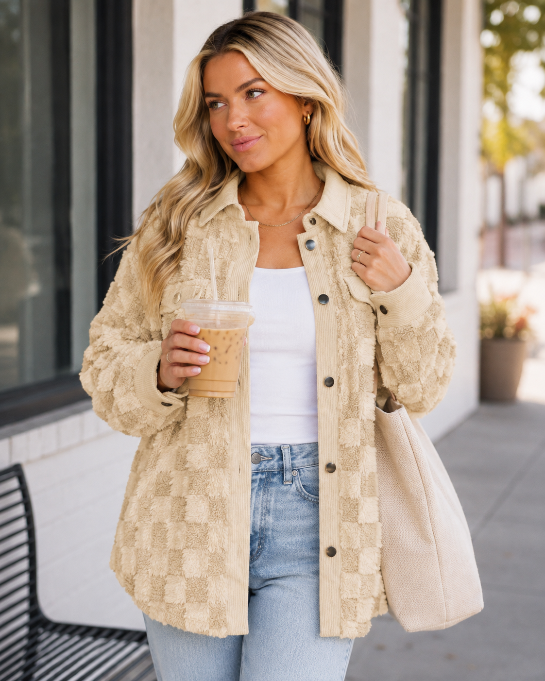 Blonde model wearing the High Plains Plush Check Shacket with light-wash jeans while carrying an iced coffee and neutral tote.