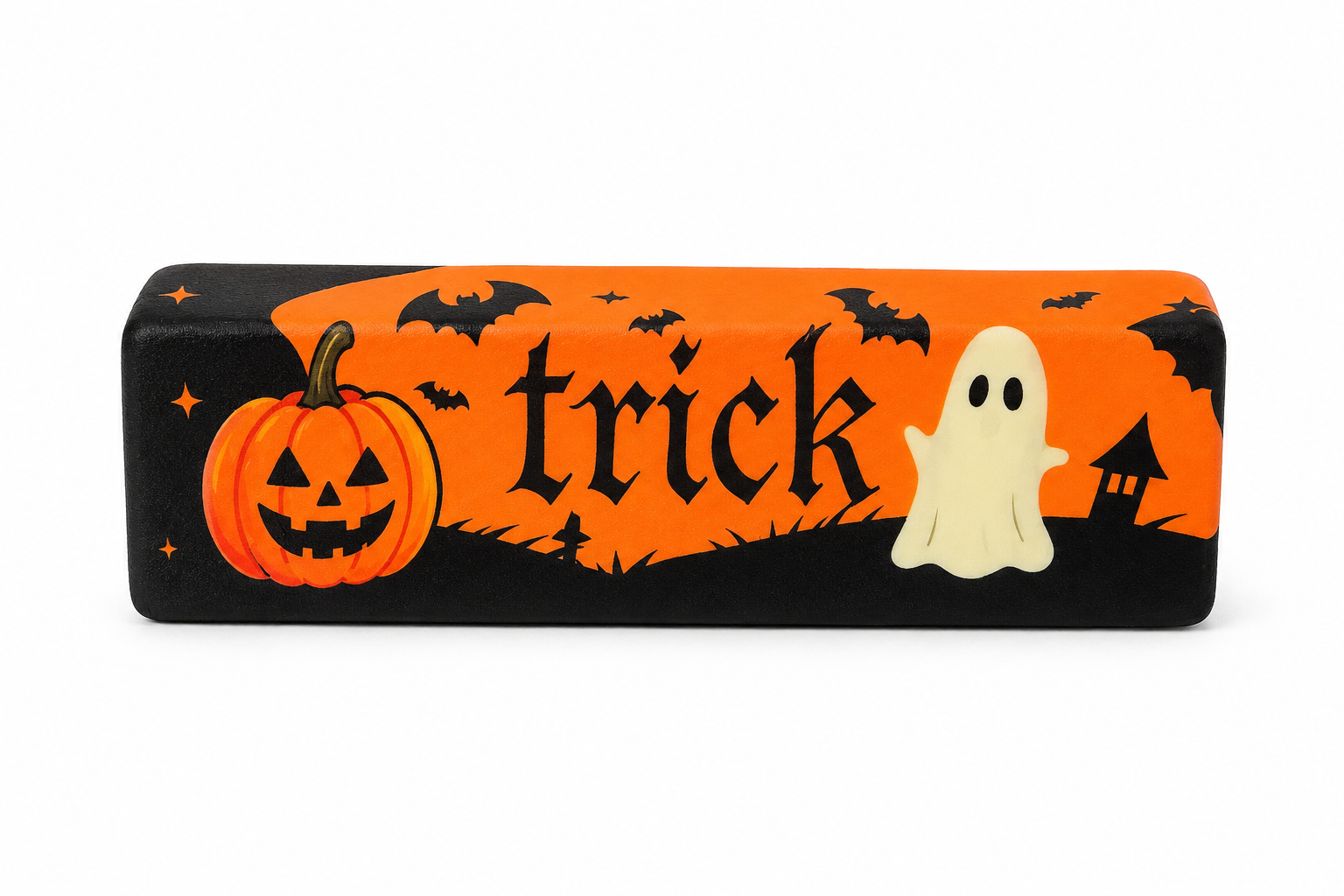 Trick or Treat Slow-Rise Butter Squishy with orange and black Halloween print featuring pumpkin, ghost and bats on white background