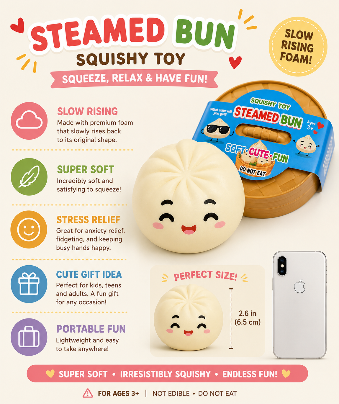 Steamed Bun Squishy Toy – Slow Rising Stress Relief Fidget | Cute Bao Bun Squeeze Toy | Soft Sensory Gift for Kids & Adults