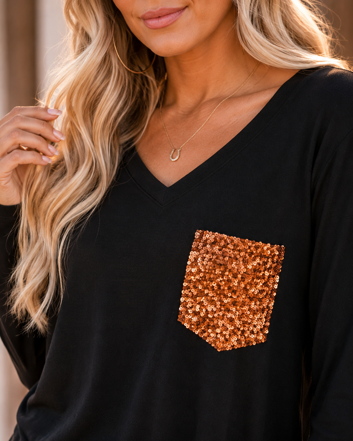 Tight crop of the copper sequin pocket so customers can really see the texture.