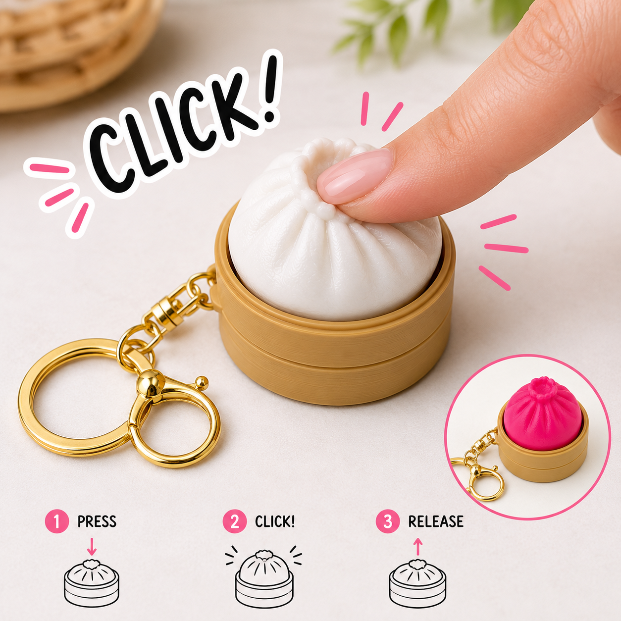 3D Printed Dumpling Clicker Fidget Keychain, Random Color Sensory Key Ring with Gold-Tone Clasp