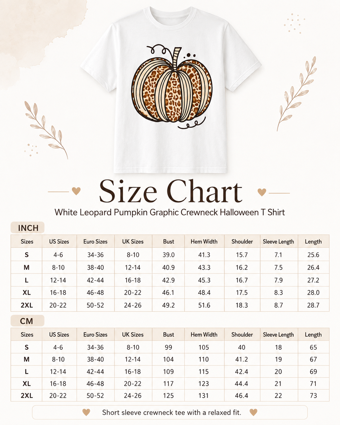 Size chart for the Leopard Pumpkin Graphic Tee showing sizes S through 2XL and garment measurements in inches.