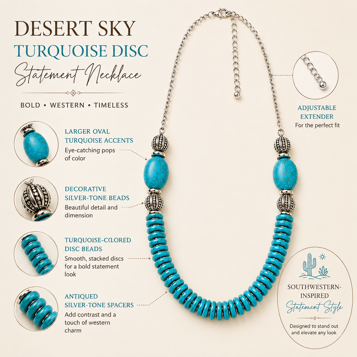 A turquoise disc statement necklace with silver-tone chain and spacer beads, shown on a beige background with callout labels explaining the larger oval turquoise accents, decorative silver-tone beads, turquoise-colored disc beads, antique silver-tone spacers, and adjustable extender.