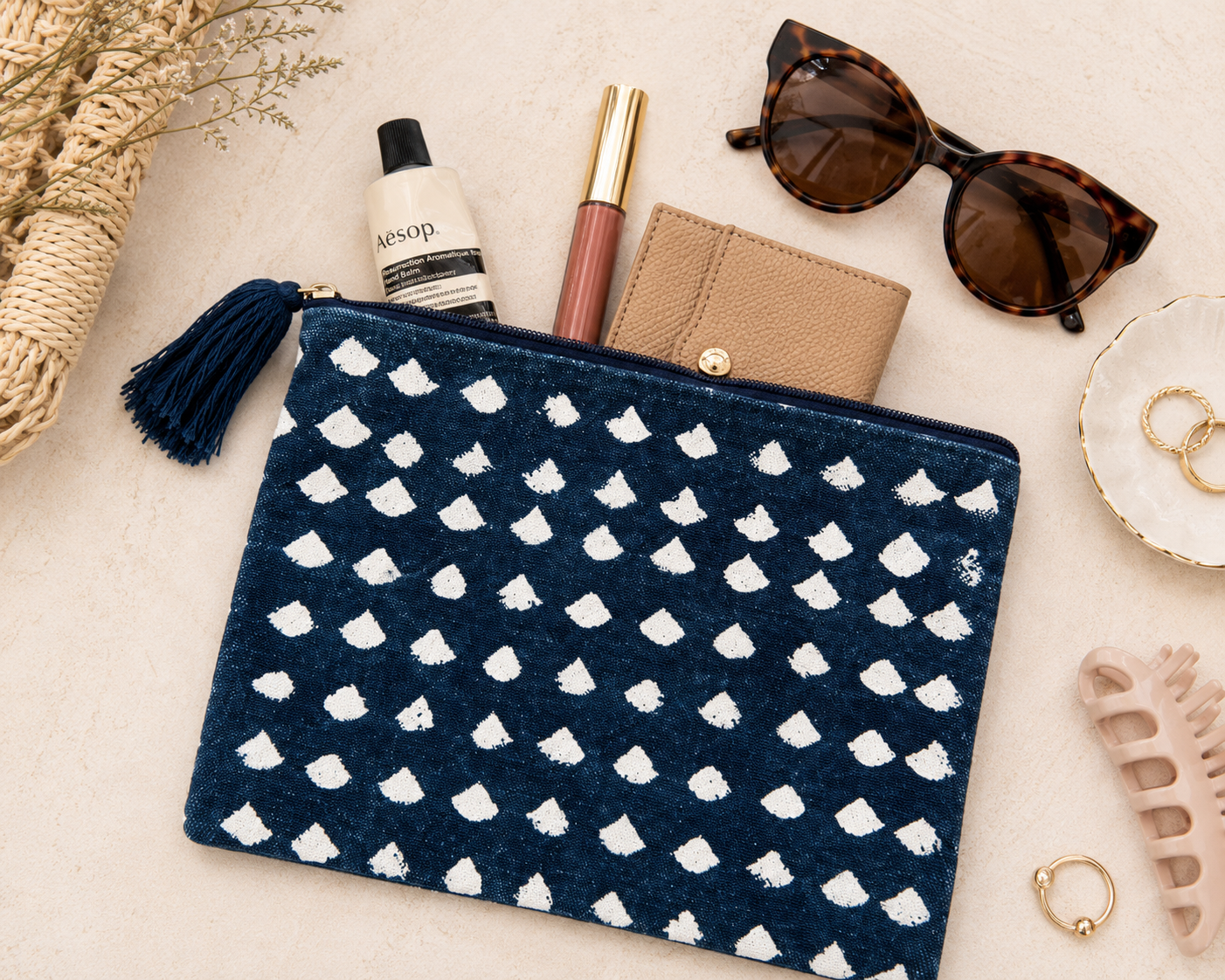 Indigo Tide Zip Pouch | Navy & White Cotton Cosmetic Bag