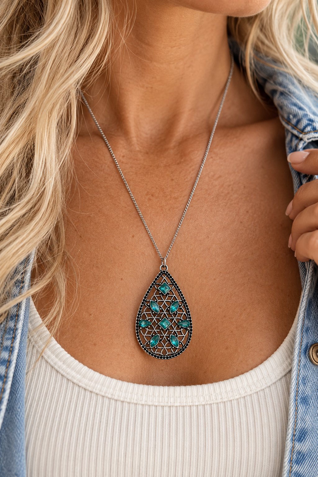 A close-up of a woman wearing a silver teardrop pendant necklace with turquoise and brown geometric stones, styled with a white ribbed tank top and a light blue denim jacket.