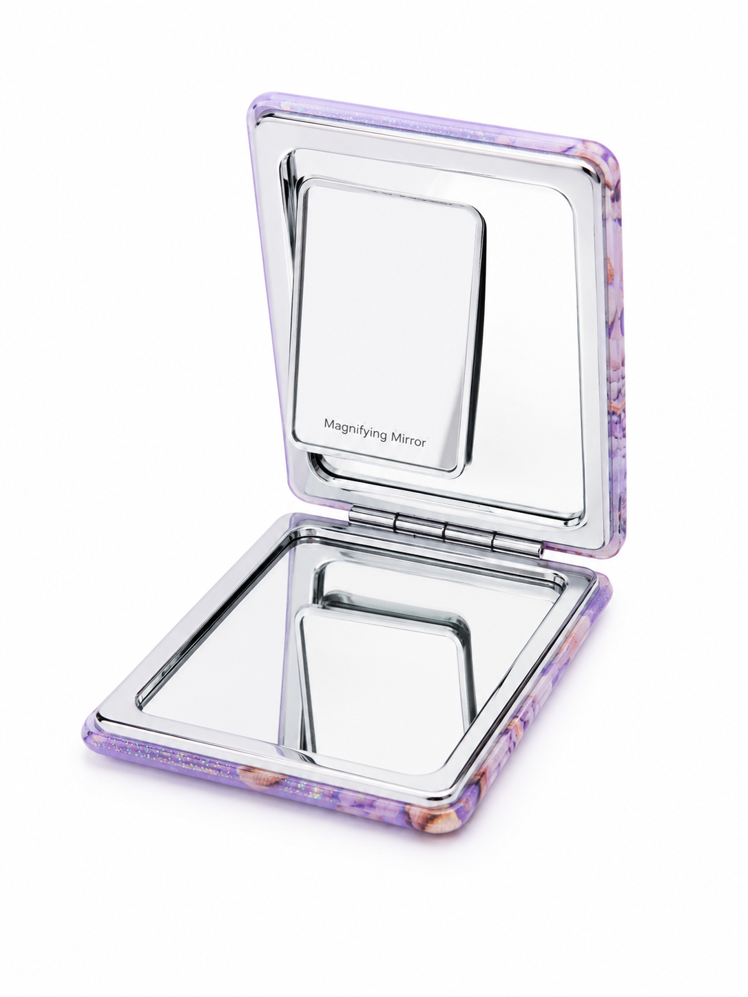 Mermaid Beach Glitter Water Filled Compact Mirror – Coastal Seashell Pocket Mirror with Moving Glitter & Magnifying Mirror