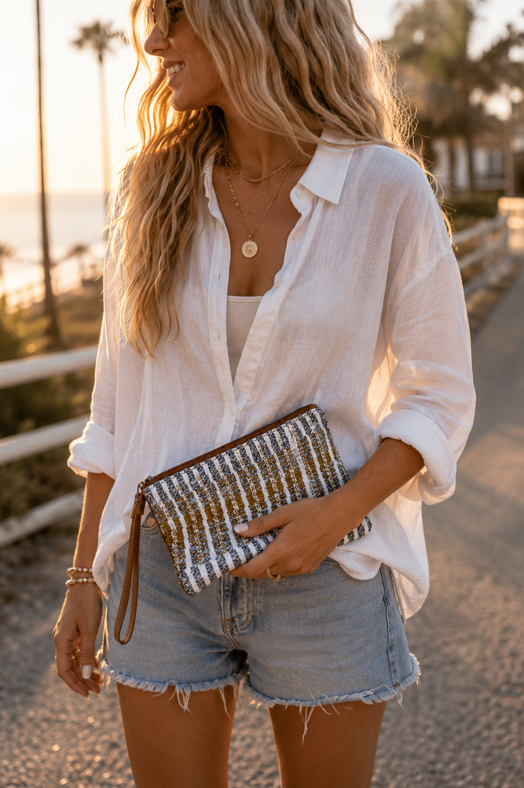 Harbor Stripe Beaded Wristlet Clutch
