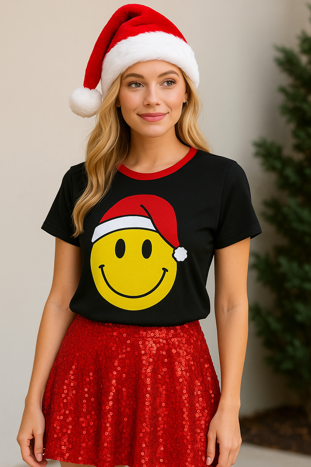 Smiley Face With Santa Hat Short Sleeve Top
