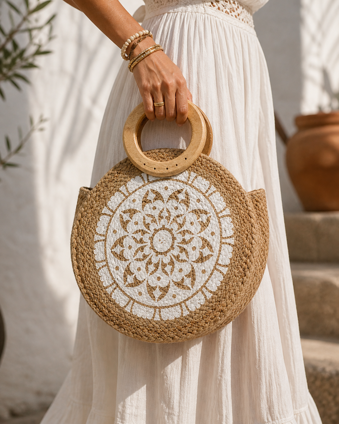 Santorini Round Jute Tote – Wooden Handle Coastal Bag