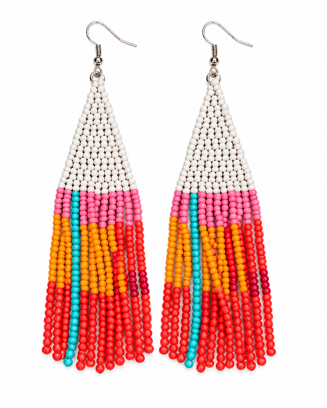 A pair of long beaded dangle earrings with silver fishhook wires. The earrings feature a white beaded triangular top section transitioning into vertical strands of pink, orange, red, and turquoise beads at the bottom.