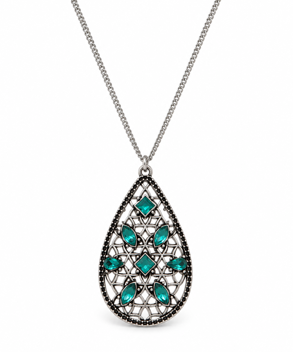 A silver teardrop pendant necklace featuring a filigree design with turquoise green gemstones and a border of small dark stones, shown on a white background.