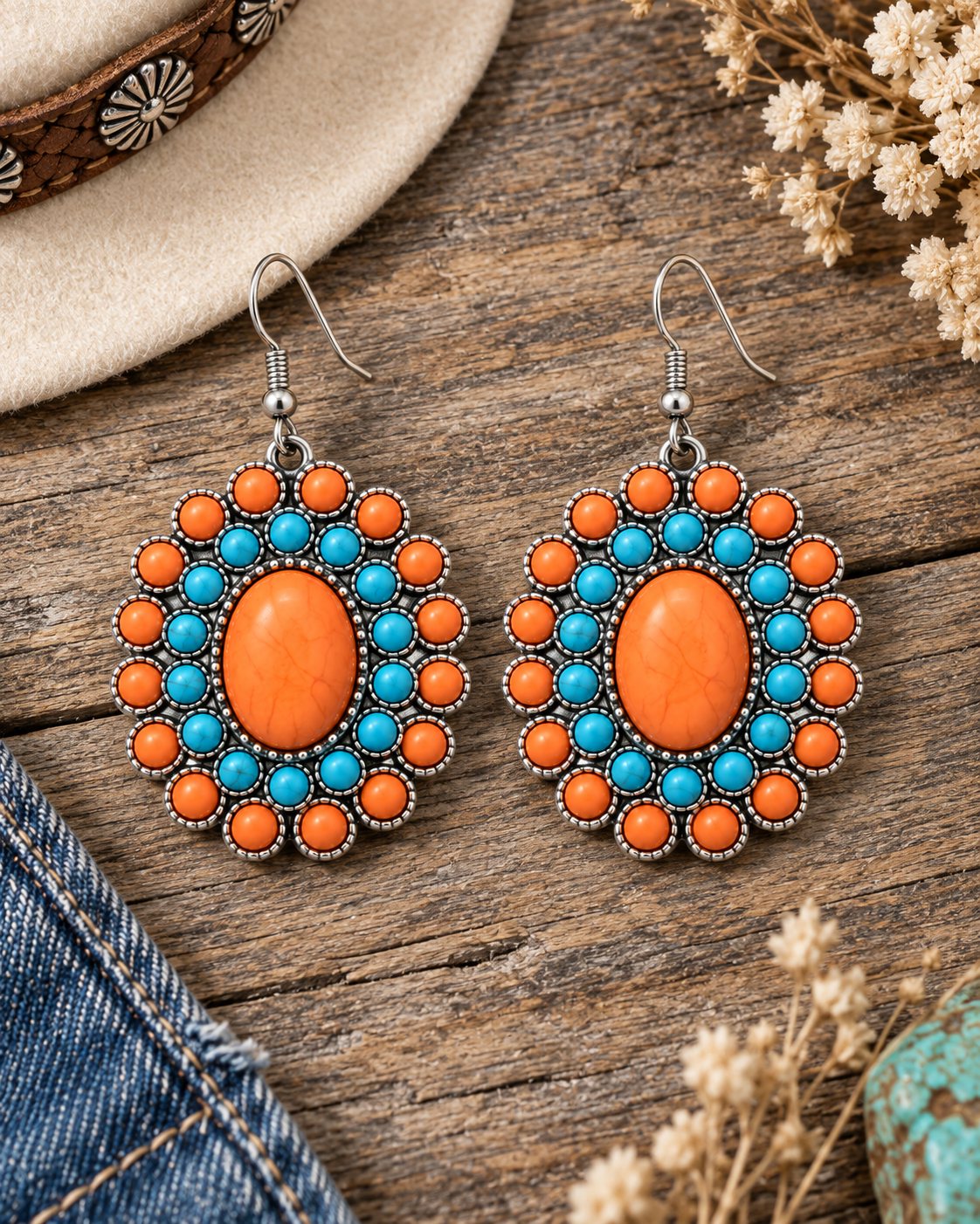 A pair of silver-toned dangle earrings with oval orange centers and turquoise and orange bead borders, displayed on a rustic wooden surface with a hat, denim, and dried flowers as styling props.
