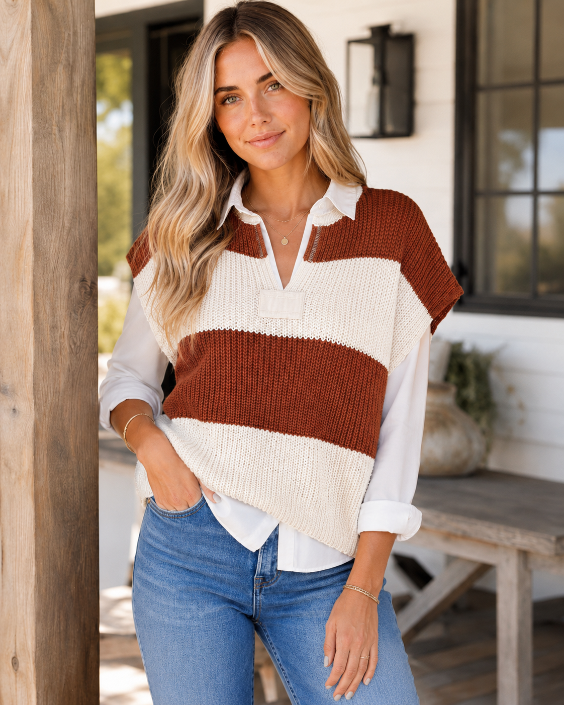 Saddle Stripe V-Neck Knit Sweater layered over a crisp white button-down with medium-wash denim.