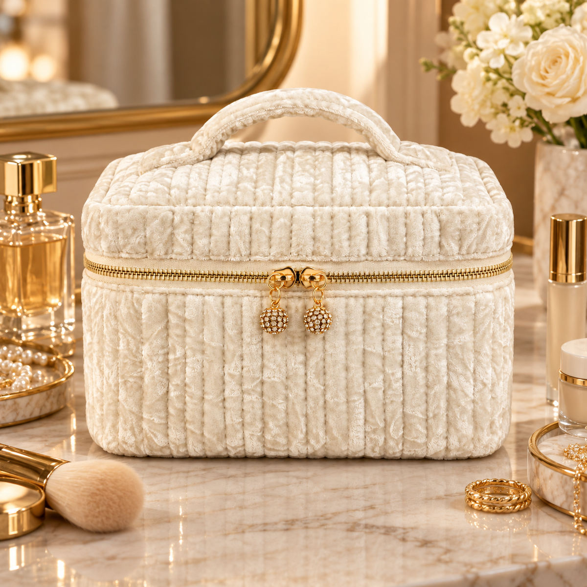 The Velvet Hour Vanity Case – Quilted Cosmetic Organizer
