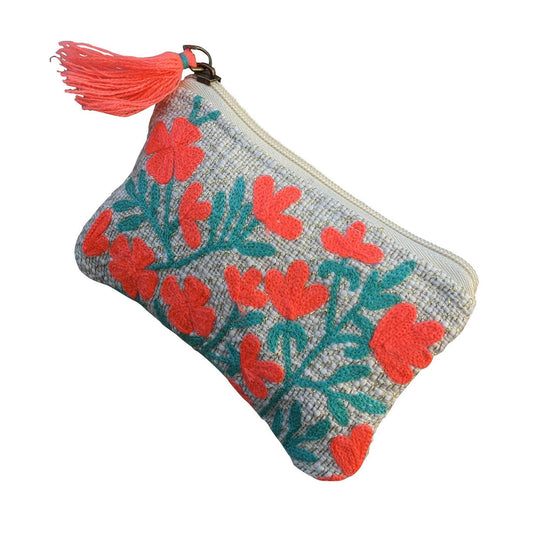 Coral Bloom Embroidered Coin Pouch – Boho Floral Zip Clutch with Tassel