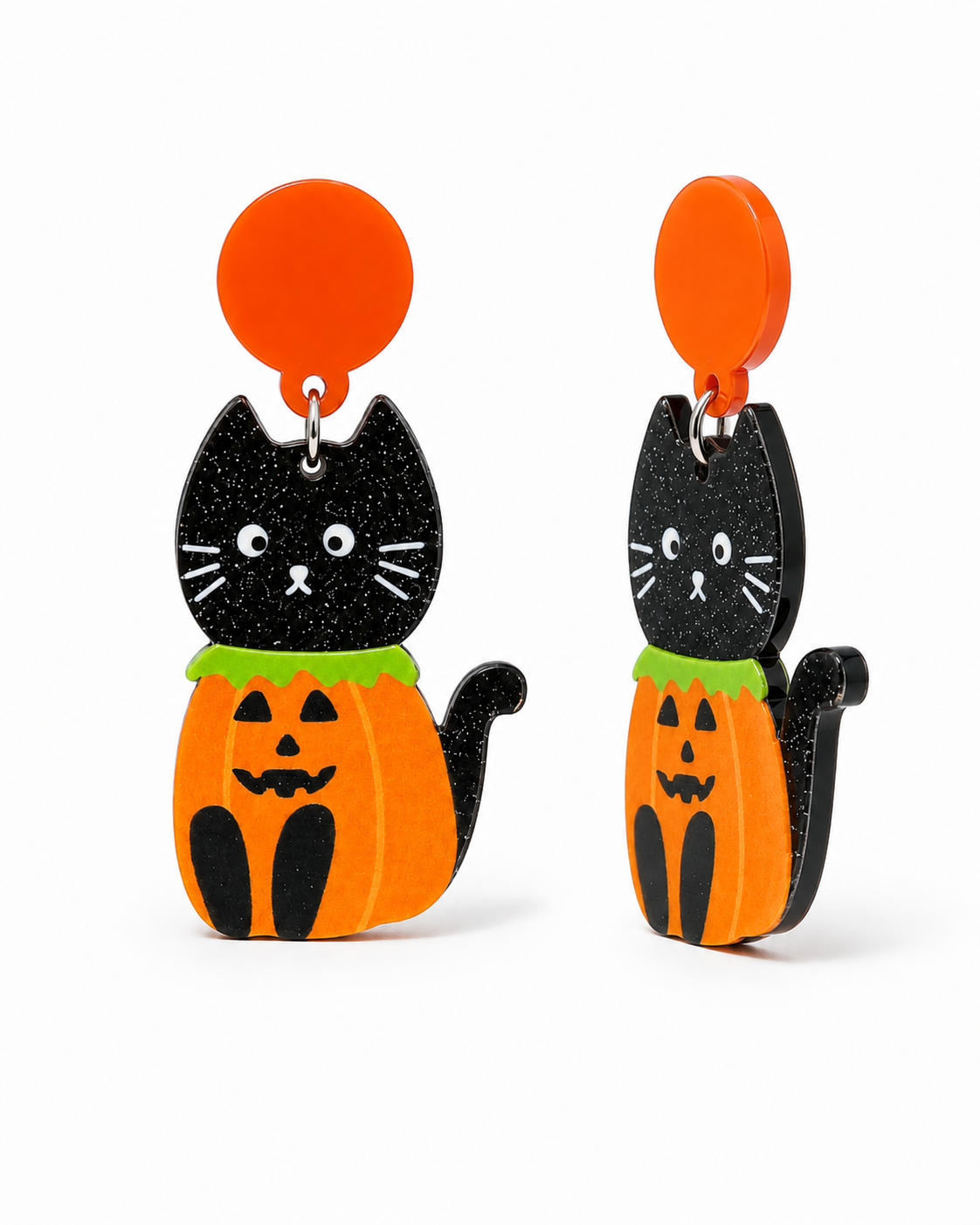 Front and side view of Pumpkin Patch Kitty acrylic earrings showing layered construction and curved cat tail