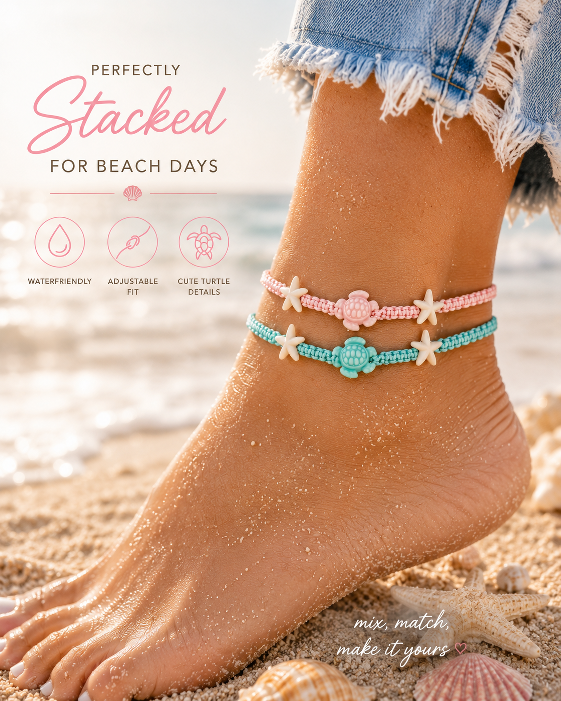 Coastal Cutie Turtle Anklet Collection – Adjustable Beach Turtle & Starfish Summer Anklets for Women & Teens