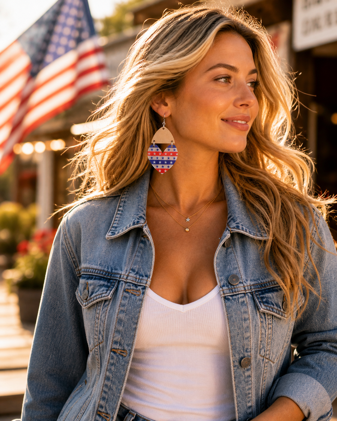 American Honey Heart Earrings – Red White Blue Patriotic Dangle Earrings, Western Cowgirl Statement Jewelry
