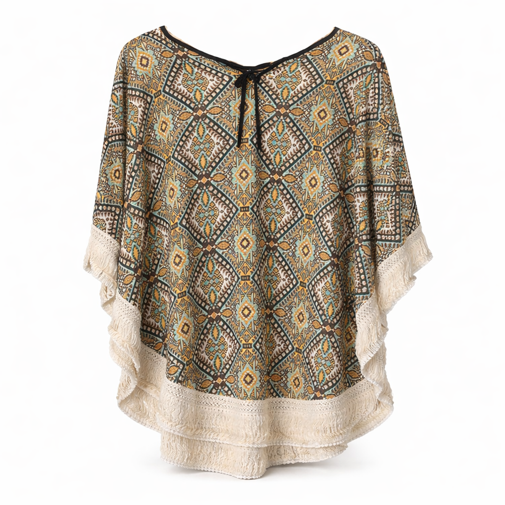 Golden Fringe Aztec Poncho Top Coastal Cowgirl Boho Summer Outfit