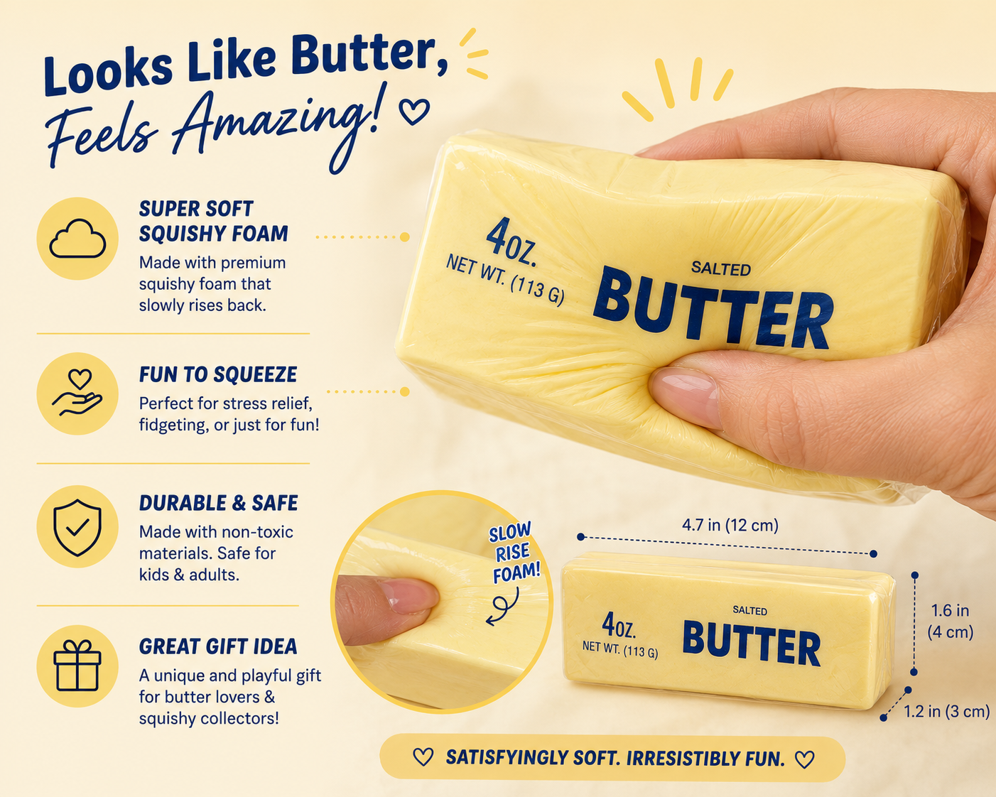 Butter Squishy Toy – Slow Rising Stress Relief Fidget | Realistic Butter Stick Squish | Cute Desk Toy | Sensory Gift for Kids & Adults