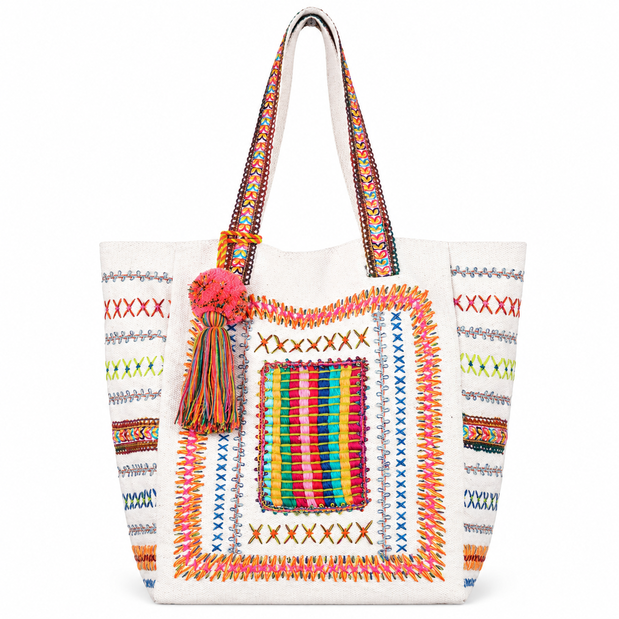 Desert Fiesta Tassel Tote Bag – Colorful Boho Embroidered Summer Beach & Market Carryall