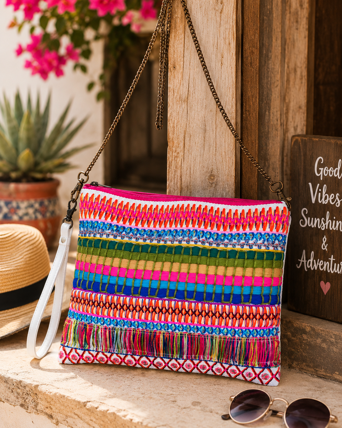 Electric Sunset Fringe Crossbody Wristlet – Colorful Boho Embroidered Convertible Bag
