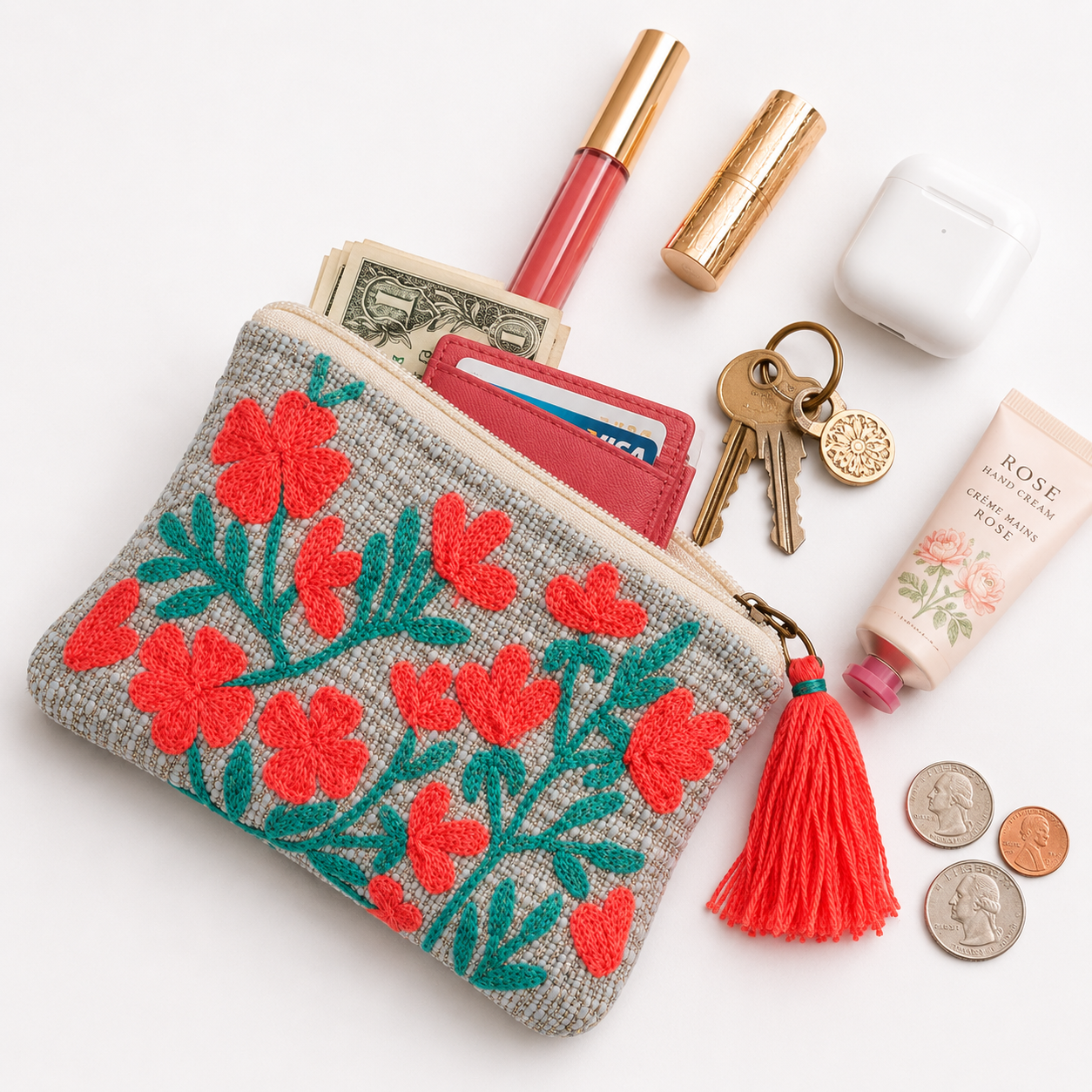 Coral Bloom Embroidered Coin Pouch – Boho Floral Zip Clutch with Tassel