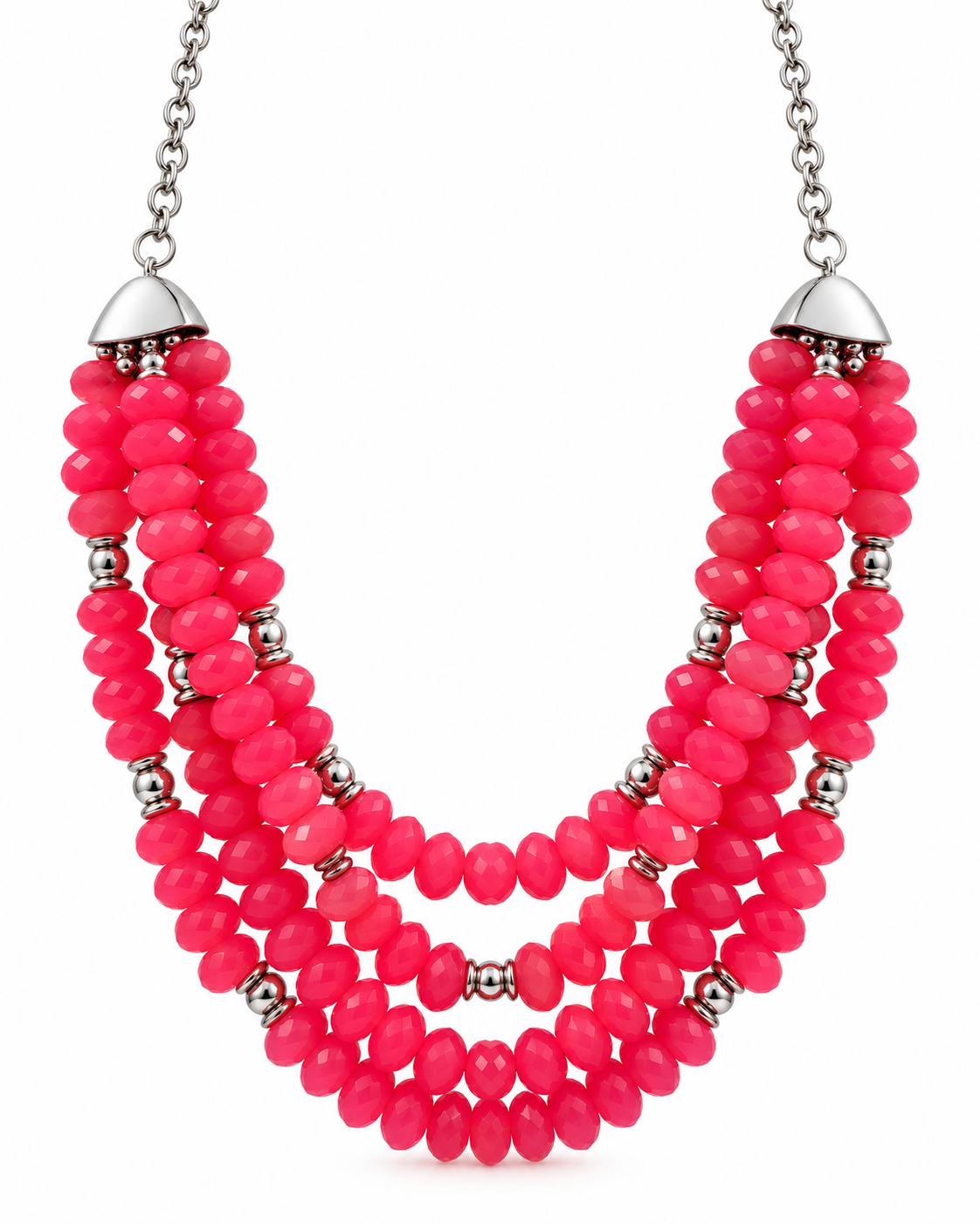 A multi-strand statement necklace featuring vibrant hot pink faceted beads and small metallic silver spacer beads, with silver dome caps and a silver chain.