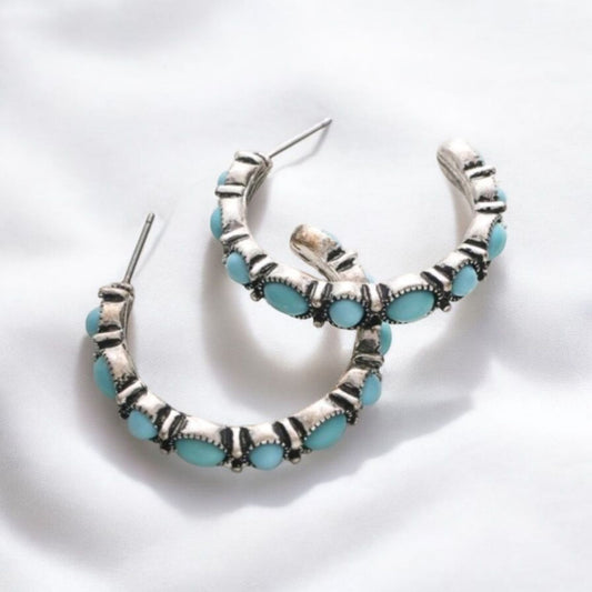 On Her Way Cowgirl Blue Crackle Stone Hoop Earrings