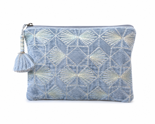 Blue Horizon Velvet Pouch | Embroidered Travel & Cosmetic Bag