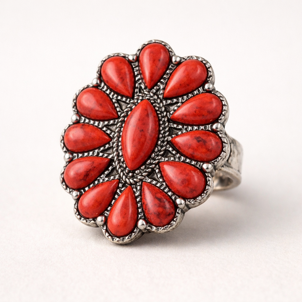 Crimson Cowgirl Bloom Stretch Statement Ring