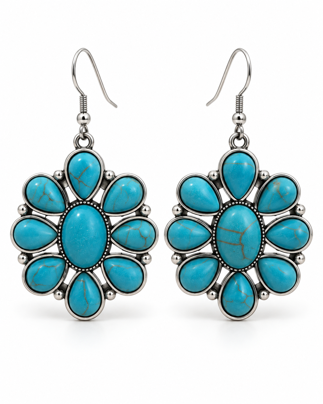 A pair of sterling silver dangle earrings featuring a Southwestern-style floral arrangement of turquoise stones, shown against a plain white background.