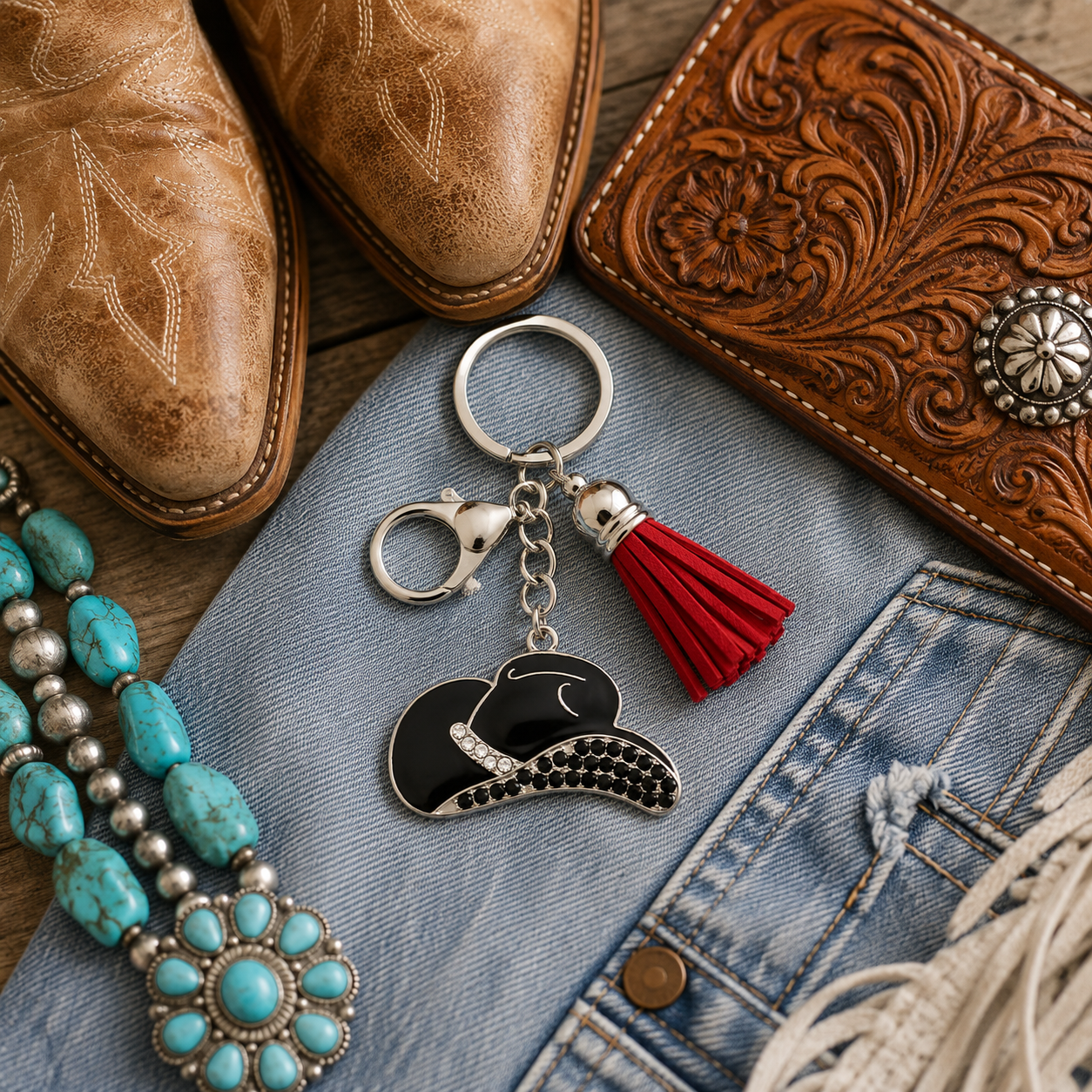 Midnight Mesa Cowgirl Hat Tassel Keychain