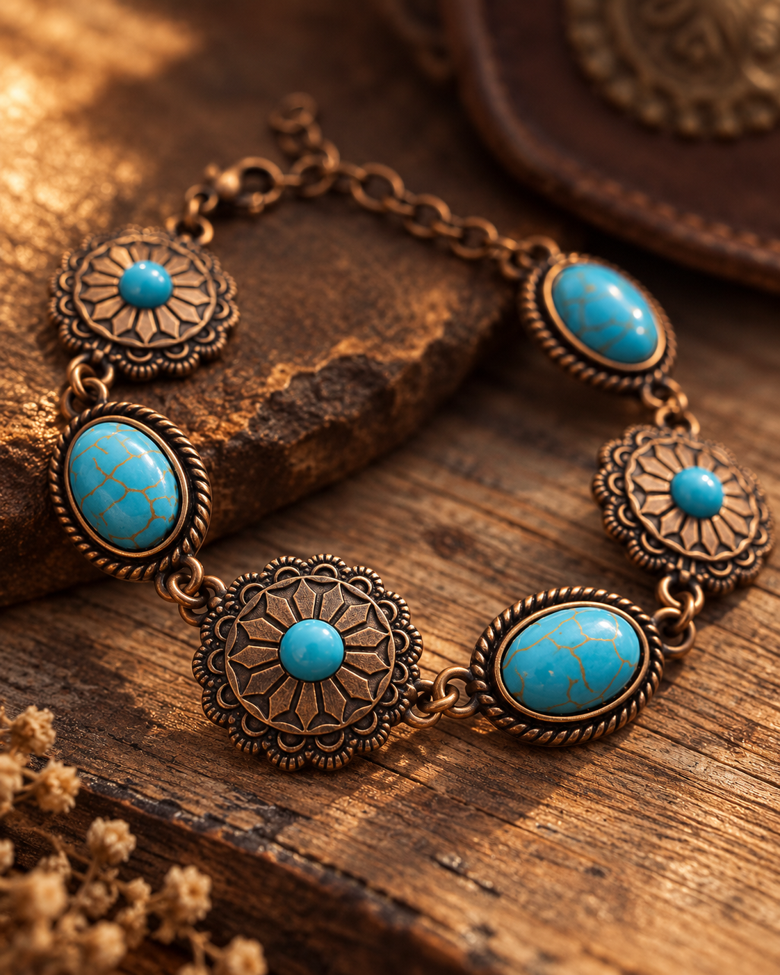An antique bronze-toned chain bracelet featuring five oval turquoise cabochon stones and matching round turquoise centers, displayed on a rustic wooden surface.