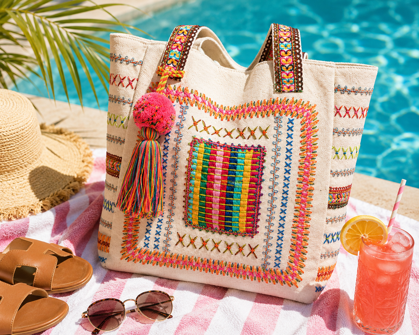 Desert Fiesta Tassel Tote Bag – Colorful Boho Embroidered Summer Beach & Market Carryall