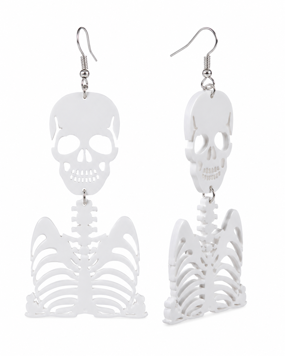 Front and side view of Ghostly Bones skeleton earrings showing lightweight layered construction